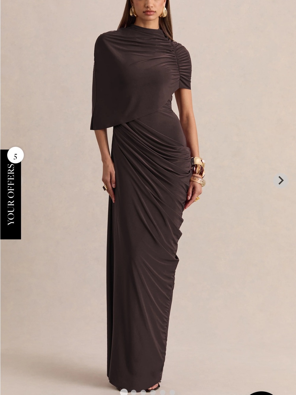 NWT One-Shoulder Ruched Draped Dress in Dark Brown - Club London Lunaline Dress